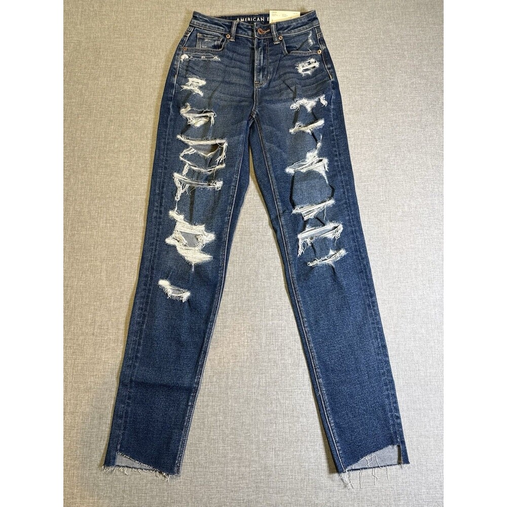 NWT American Eagle Mom Jean Slasher Blue Distressed 0L Y2K